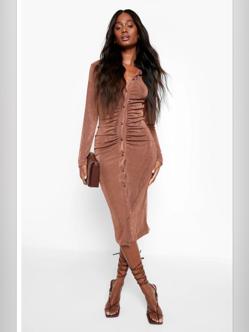 BooHoo Ruched Front Brown Women's Dress Size 8